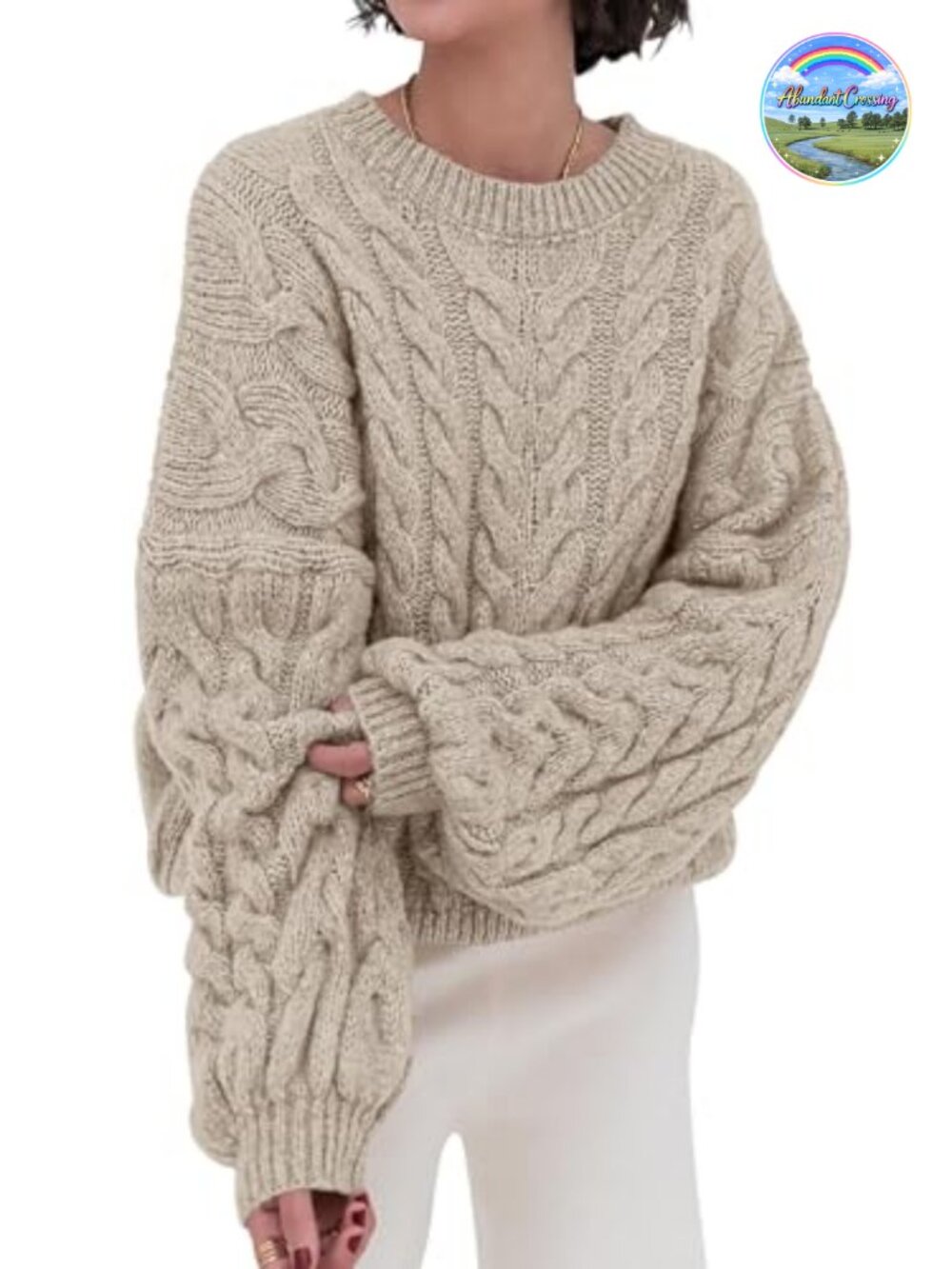 Women's Cable Knit Oversized Sweater Long Sleeve Crewneck Chunky Pullover